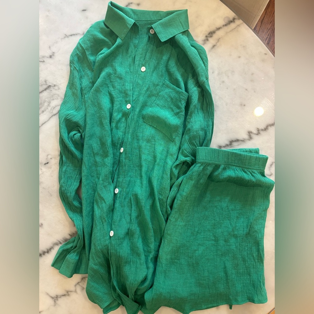 Bright Green Muslin Breezy Lounge Set (Shirt & Shorts) | size XL